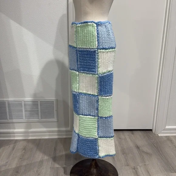 Handmade Knit Crochet Blue Green and White Skirt - Picture 4 of 10